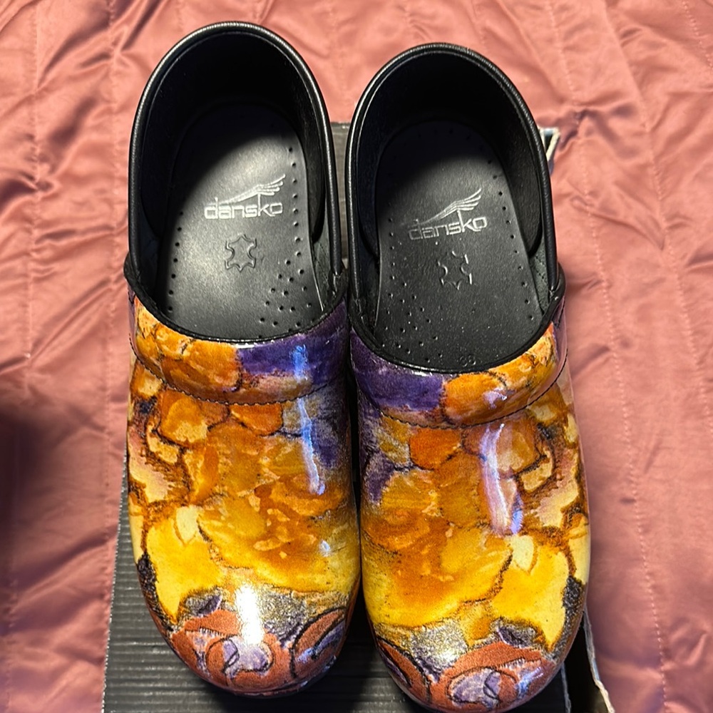 Dansko Orange and Purple Mules Vibrant Design